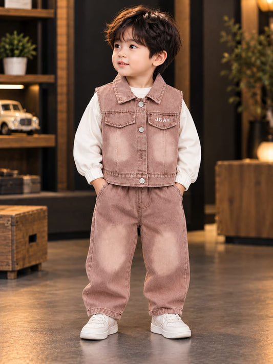 Boys Stylish Denim 3-Piece Co-Ord Set | Jacket, T-Shirt & Baggy Pants | Trendy Kidswear | Sizes 18–26