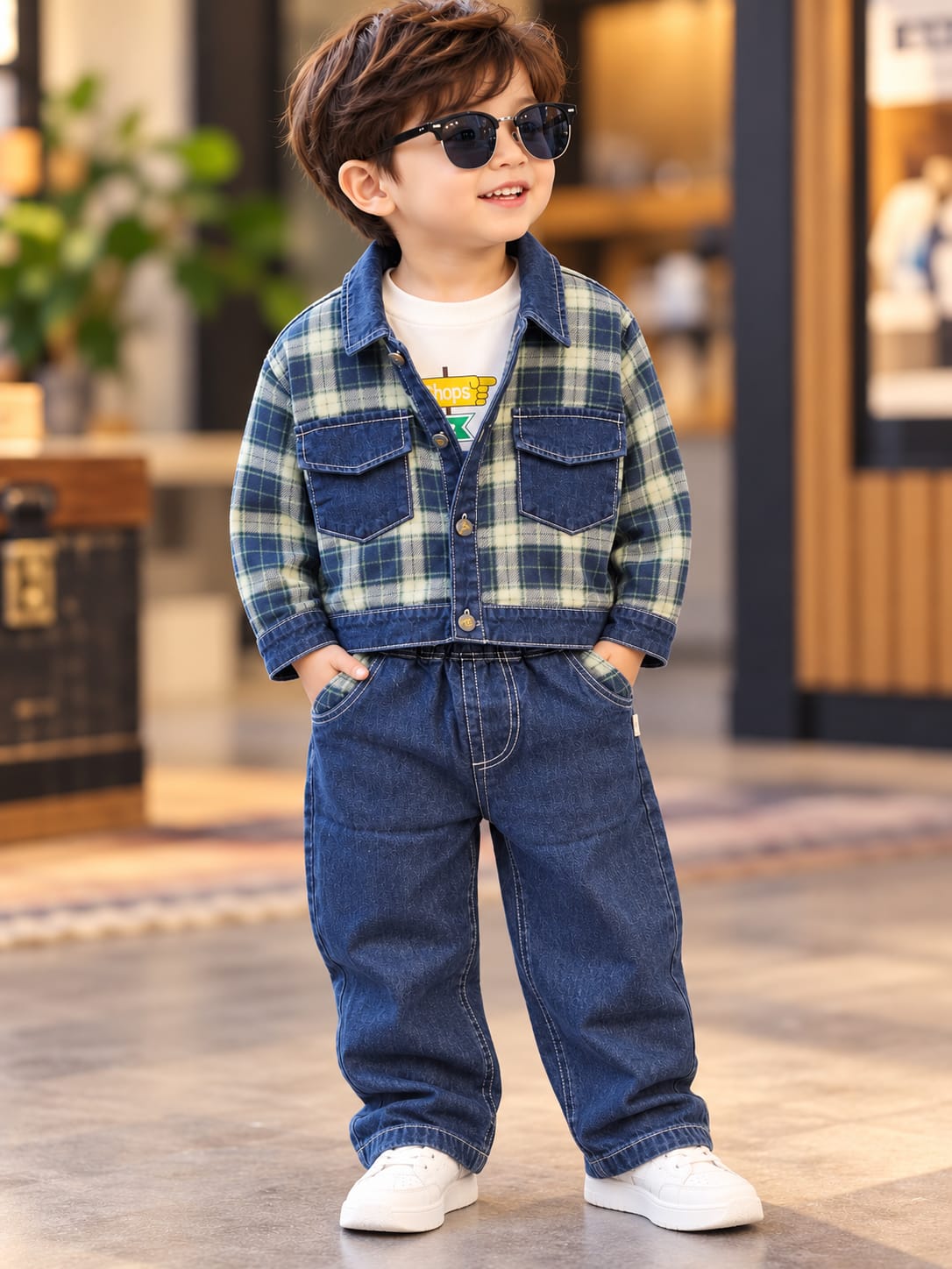 Boys Stylish Denim 3-Piece Co-Ord Set | Checkered Jacket, T-Shirt & Baggy Pants | Trendy Kidswear | Sizes 18–26
