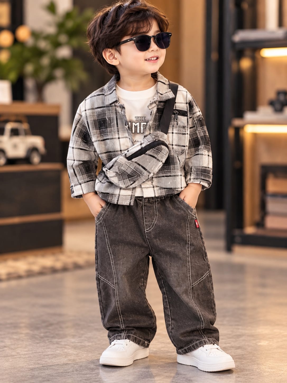 Boys Stylish 3-Piece Checkered Co-Ord Set | Jacket, T-Shirt & Baggy Pants | Casual Kidswear | Sizes 18–26