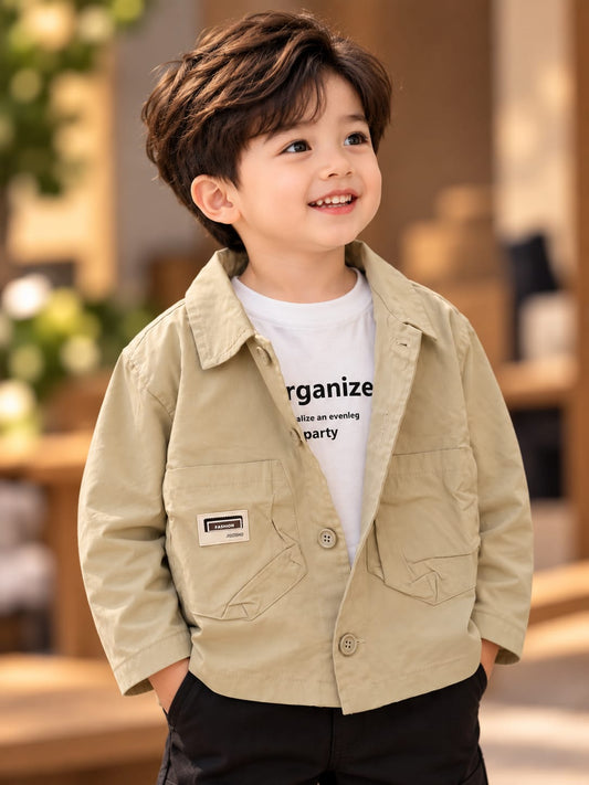 Boys Stylish Beige Utility Jacket | Casual Kidswear | Front Pocket Design | Sizes 18–26
