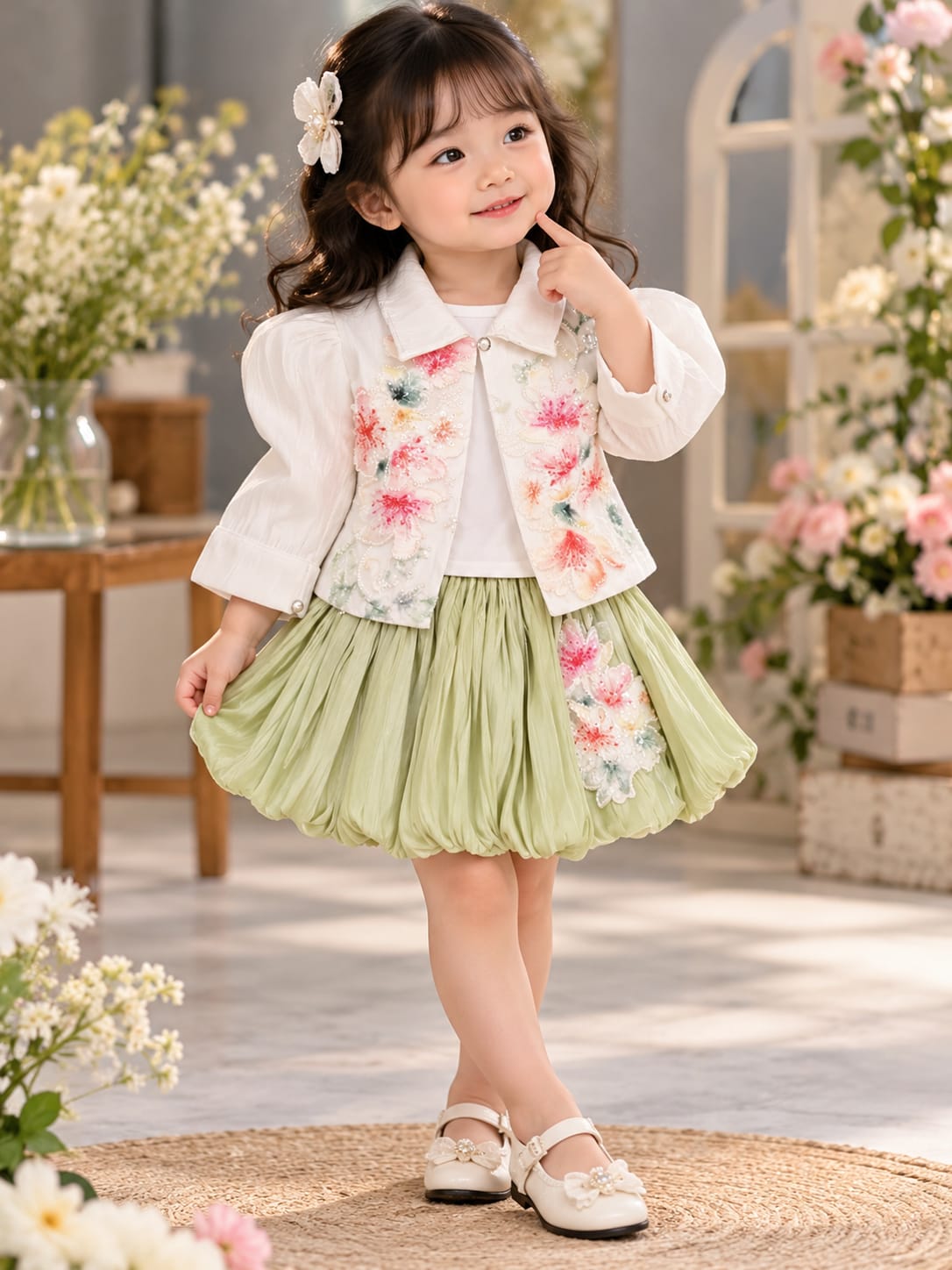 Girls Floral 3-Piece Co-Ord Set | Embroidered Jacket, Top & Skirt | Stylish Party Wear | Sizes 18–24