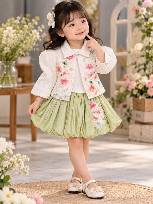 Girls Floral 3-Piece Co-Ord Set | Embroidered Jacket, Top & Skirt | Stylish Party Wear | Sizes 18–24