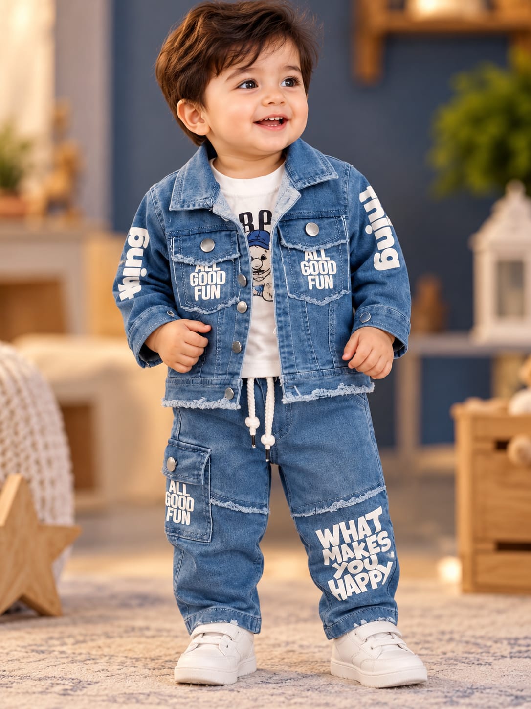 Baby Boys Denim 3-Piece Set | Denim Jacket, T-Shirt & Cargo Pants | Stylish Casual Wear | Sizes 0–12 Months