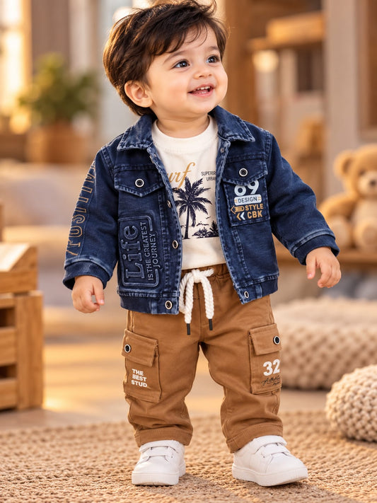 Baby Boys Stylish Denim 3-Piece Set | Denim Jacket, T-Shirt & Cargo Pants | Trendy Casual Wear | Sizes 0–12 Months
