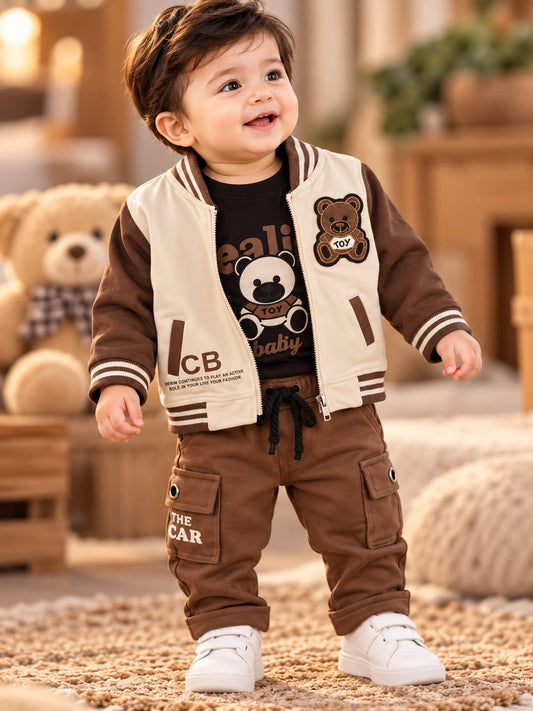 Baby Boys Stylish 3-Piece Set | Varsity Jacket, T-Shirt & Cargo Pants | Trendy Casual Wear | Sizes 0–12 Months