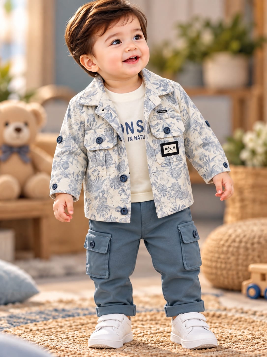 Baby Boys Stylish 3-Piece Set | Printed Jacket, T-Shirt & Cargo Pants | Trendy Casual Wear | Sizes 0–12 Months