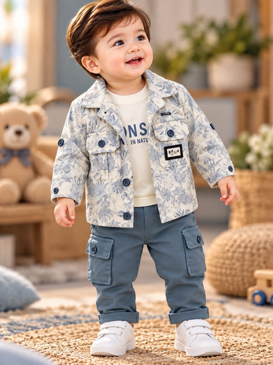 Baby Boys Stylish 3-Piece Set | Printed Jacket, T-Shirt & Cargo Pants | Trendy Casual Wear | Sizes 0–12 Months