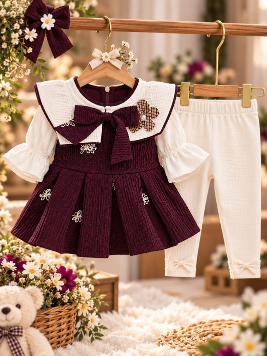 Baby Girls 2-Piece Partywear Set | Floral Bow Dress & Full Pants | Elegant Festive Outfit | Sizes 0–9 Months