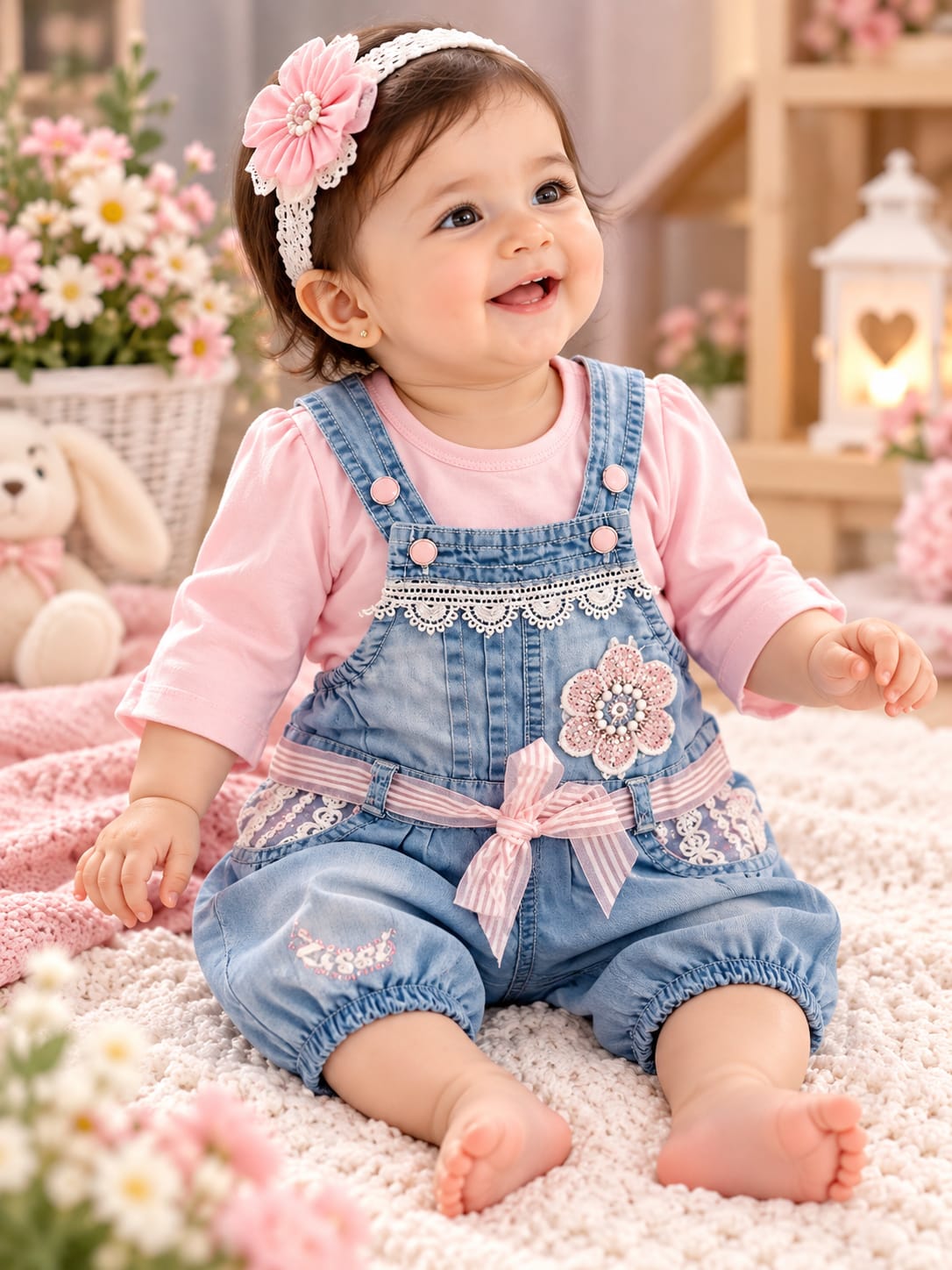 Baby Girls 2-Piece Denim Dungaree Set | Pink Top & Floral Denim Romper | Cute Casual Outfit | Sizes 0–9 Months