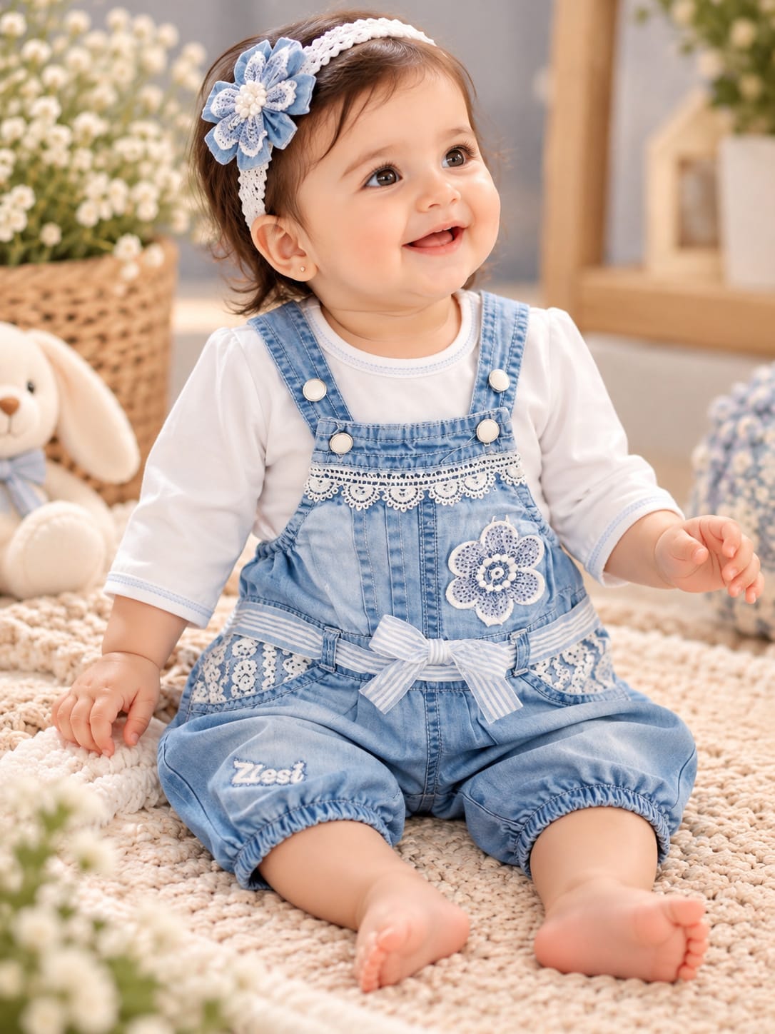 Baby Girls 2-Piece Denim Dungaree Set | White Top & Floral Denim Romper | Cute Casual Outfit | Sizes 0–9 Months