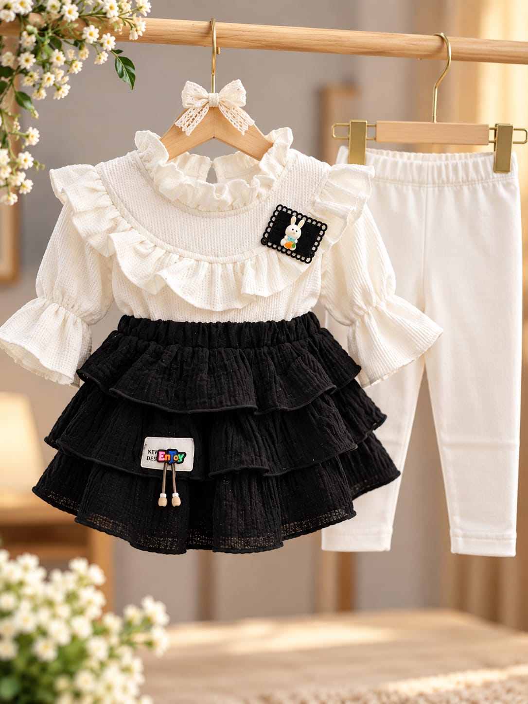 Baby Girls 2-Piece Black & White Layered Skirt Set | Ruffle Top, Skirt & Full Pants | Sizes 0–9 Months