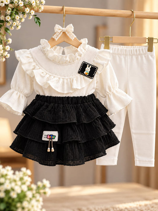 Baby Girls 2-Piece Black & White Layered Skirt Set | Ruffle Top, Skirt & Full Pants | Sizes 0–9 Months