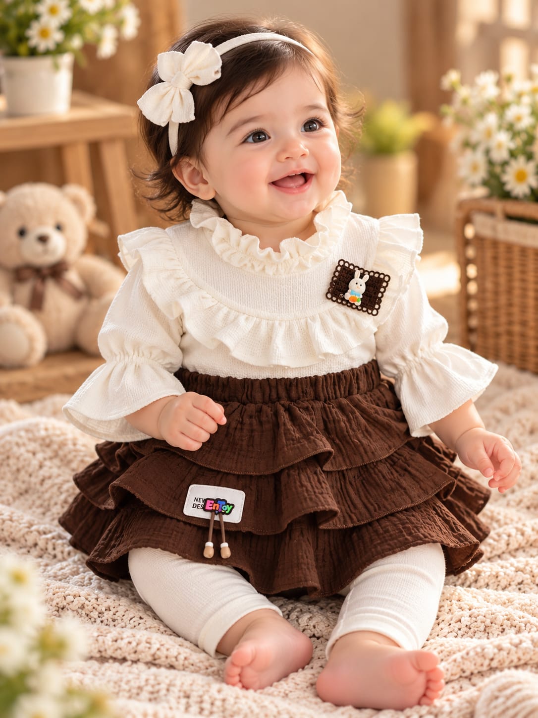 Baby Girls Brown Layered Dress Set with White Full Pants | 0–9 Months