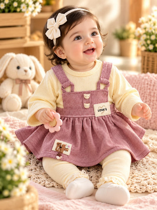 Baby Girls Pink Pinafore Dress Set with Full Pants | 0–9 Months