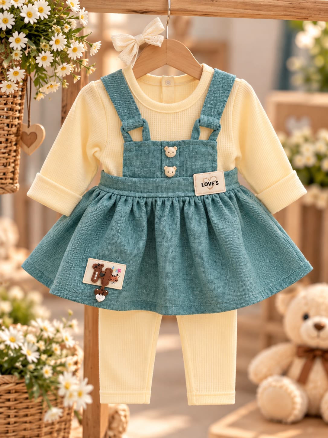 Baby Girls Teal Pinafore Dress Set with Top & Full Pants | 0–9 Months