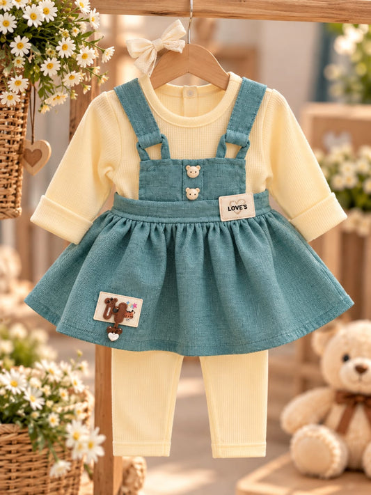 Baby Girls Teal Pinafore Dress Set with Top & Full Pants | 0–9 Months