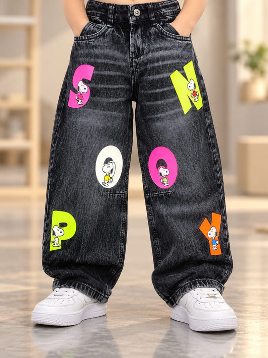 Kids Black Snoopy Printed Baggy Jeans | Korean Streetwear Wide Leg Denim Pants | 4–11 Years
