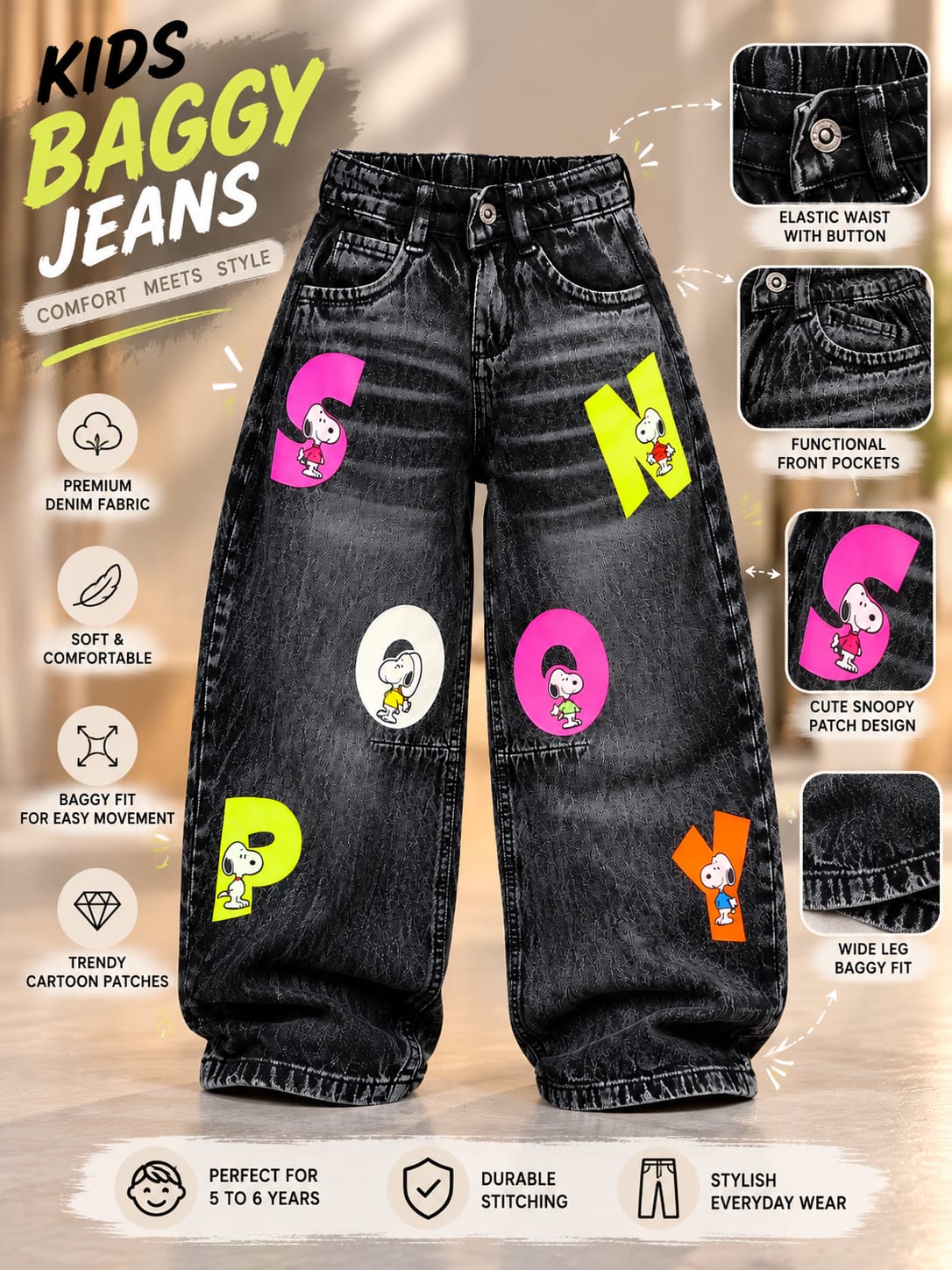 Kids Black Snoopy Printed Baggy Jeans | Korean Streetwear Wide Leg Denim Pants | 4–11 Years