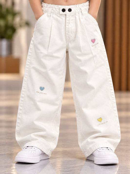 Girls White Wide Leg Jeans with Cute Heart Embroidery | Korean Style Kids Denim Pants | 1–6 Years