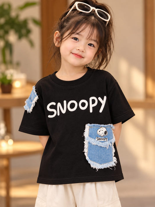 Boys Black Snoopy Graphic T-Shirt with Denim Patch Pocket | Korean Streetwear Oversized Tee | 5–11 Years