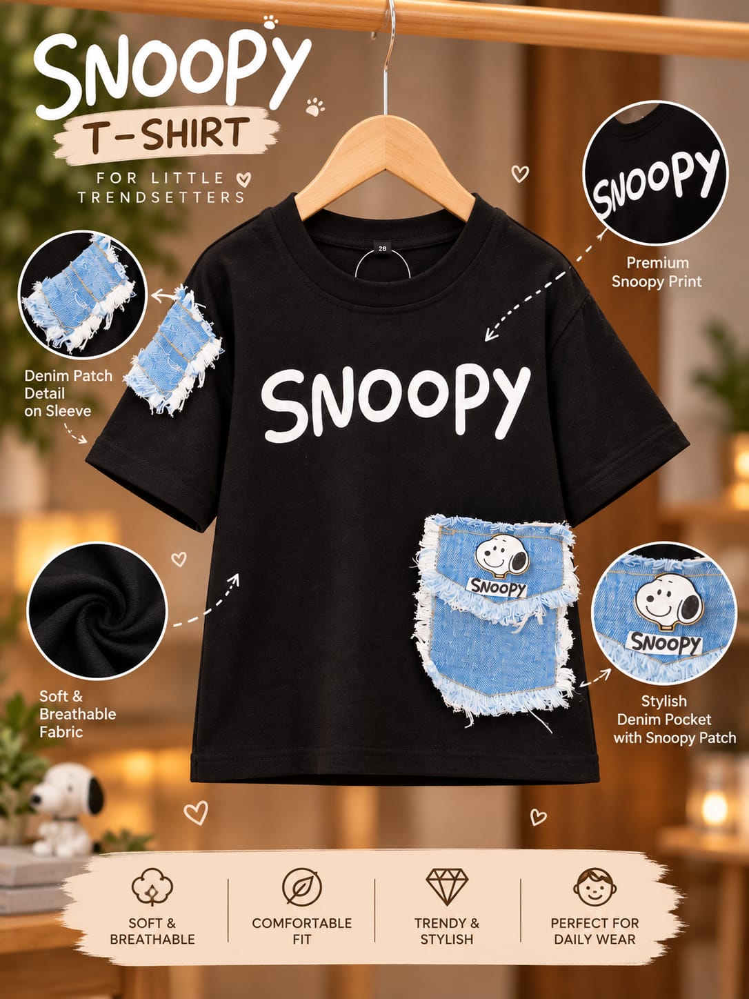 Boys Black Snoopy Graphic T-Shirt with Denim Patch Pocket | Korean Streetwear Oversized Tee | 5–11 Years