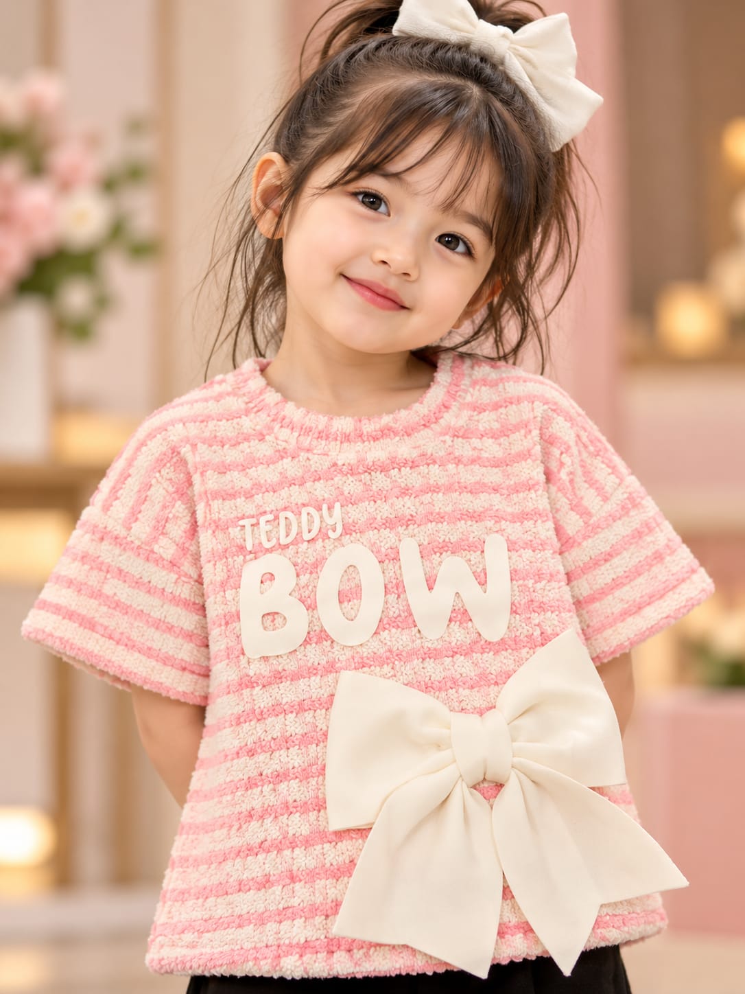 Girls Pink & White Striped Teddy Bow T-Shirt | Cute Kids Casual Top | 1–10 Years
