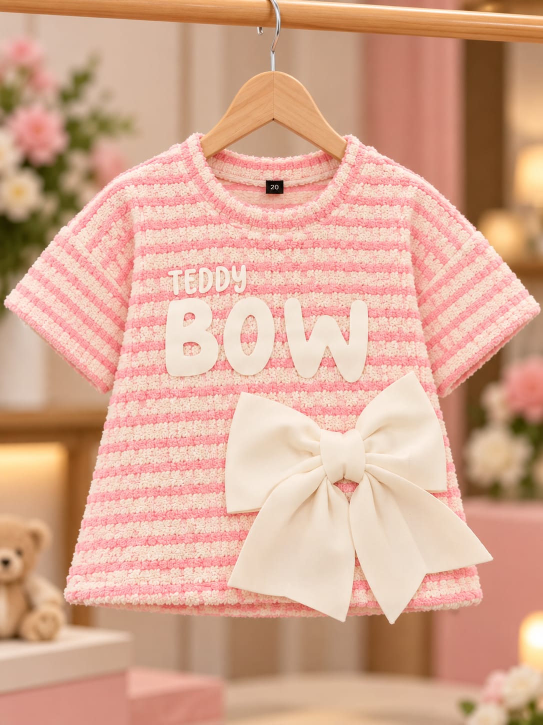 Girls Pink & White Striped Teddy Bow T-Shirt | Cute Kids Casual Top | 1–10 Years