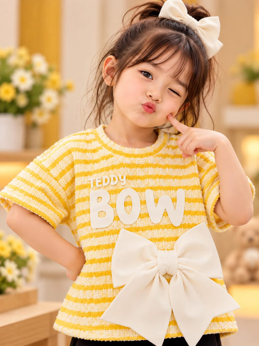Girls Yellow & White Striped Teddy Bow T-Shirt | Cute Kids Casual Top | 1–5 Years