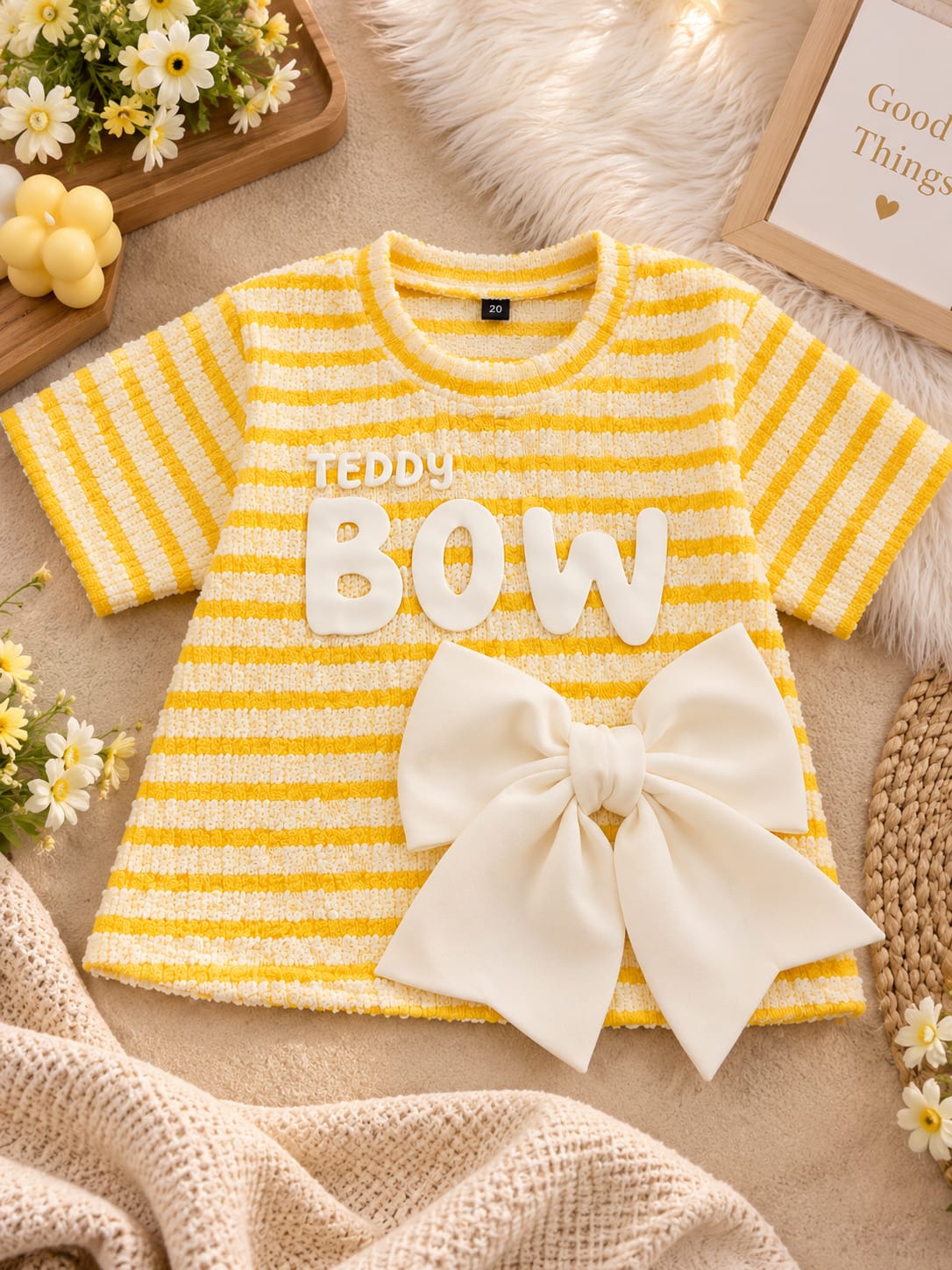 Girls Yellow & White Striped Teddy Bow T-Shirt | Cute Kids Casual Top | 1–5 Years