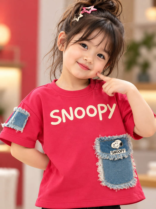 Kids Red Snoopy Graphic T-Shirt with Denim Patch Pocket | Trendy Casual Streetwear Tee | 1–10 Years