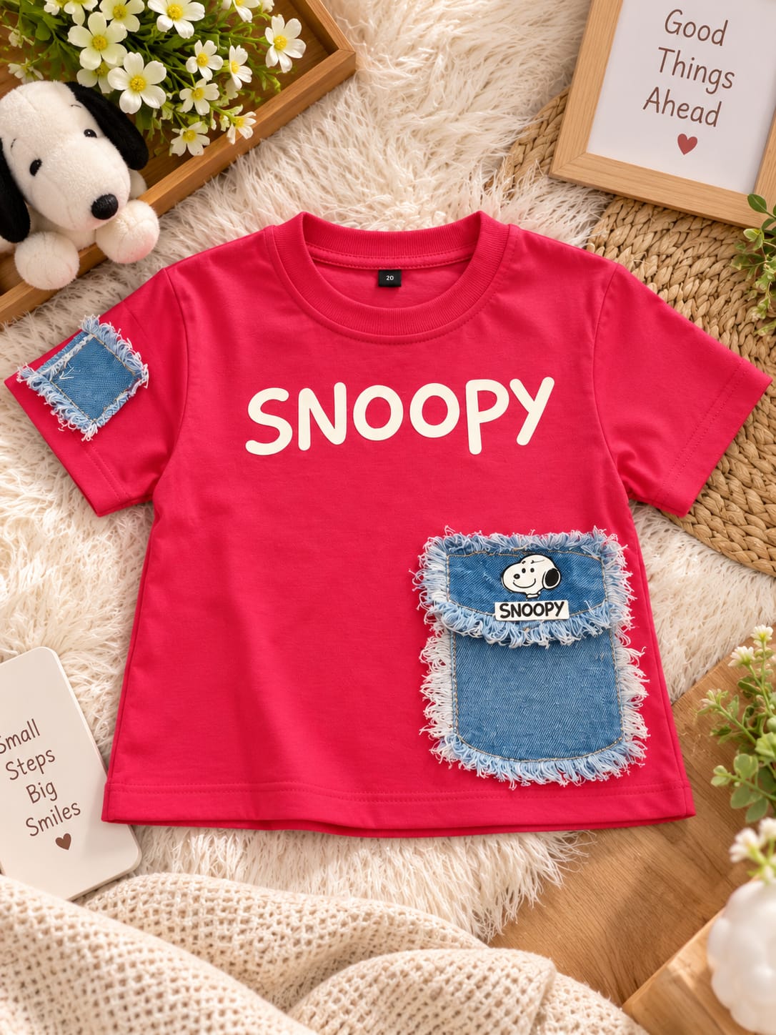 Kids Red Snoopy Graphic T-Shirt with Denim Patch Pocket | Trendy Casual Streetwear Tee | 1–10 Years