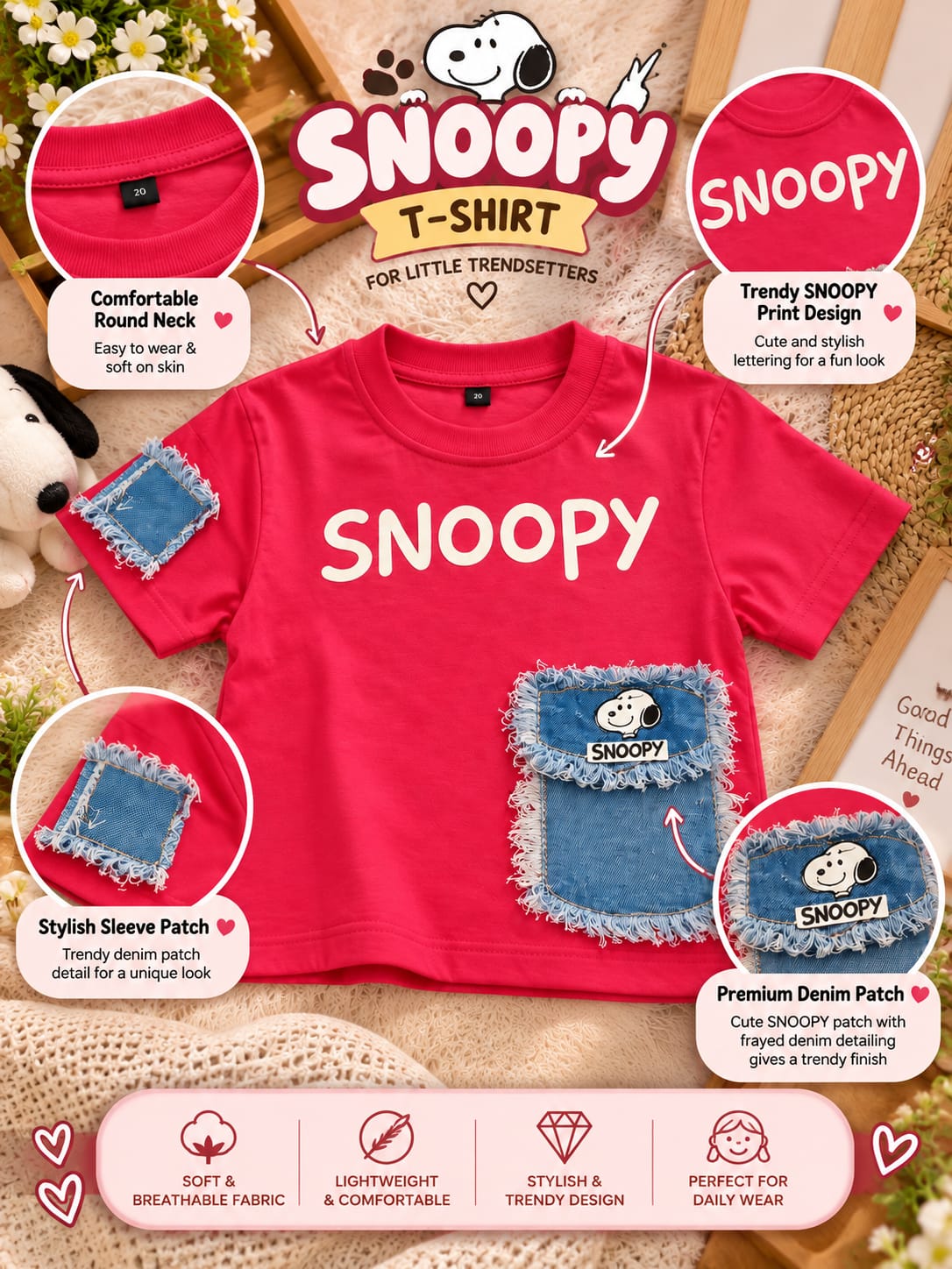 Kids Red Snoopy Graphic T-Shirt with Denim Patch Pocket | Trendy Casual Streetwear Tee | 1–10 Years
