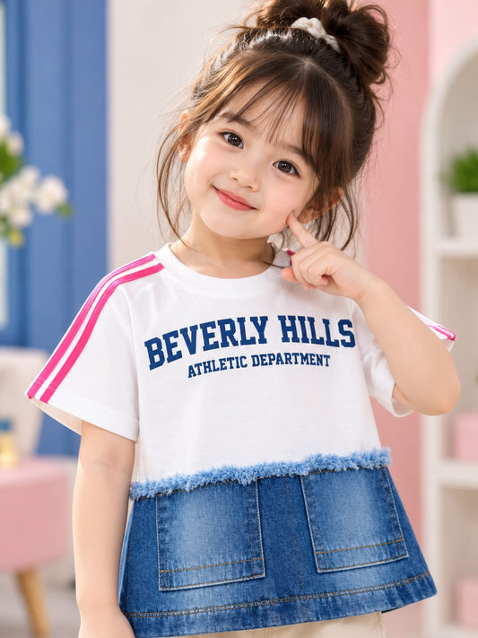 Girls White Beverly Hills T-Shirt with Blue Denim Skirt | 2-in-1 Casual Outfit | 4–11 Years