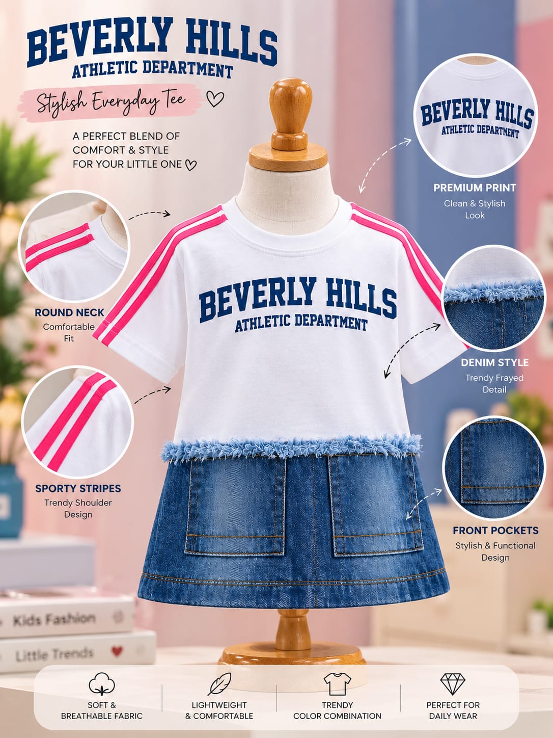 Girls White Beverly Hills T-Shirt with Blue Denim Skirt | 2-in-1 Casual Outfit | 4–11 Years