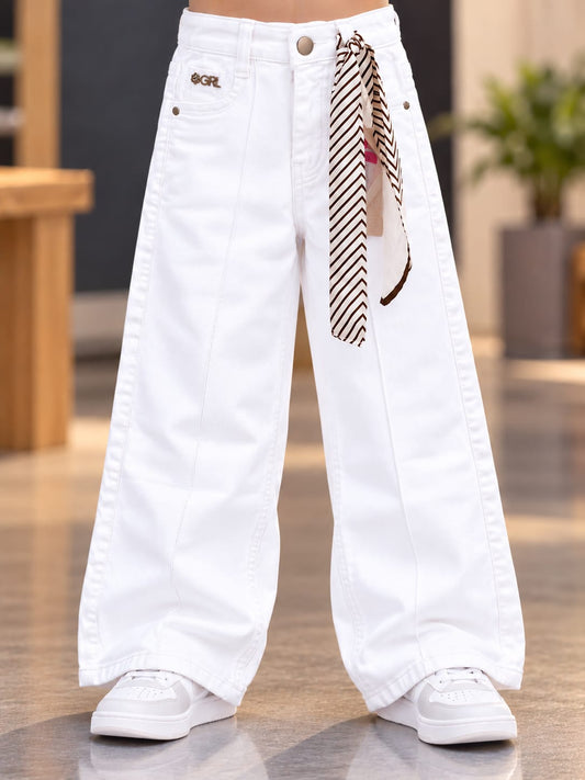 Girls White Wide Leg Denim Jeans with Striped Waist Tie | High-Waist Trendy Kids Trousers | 3–8 Years