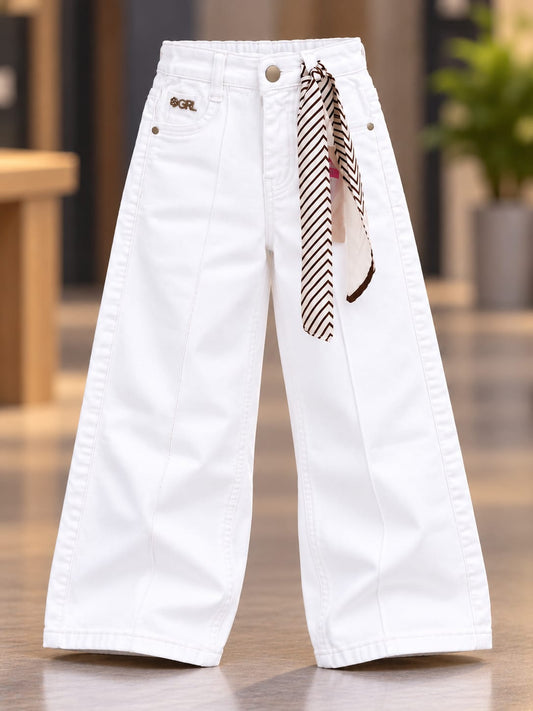 Girls White Wide Leg Denim Jeans with Striped Waist Tie | High-Waist Trendy Kids Trousers | 3–8 Years