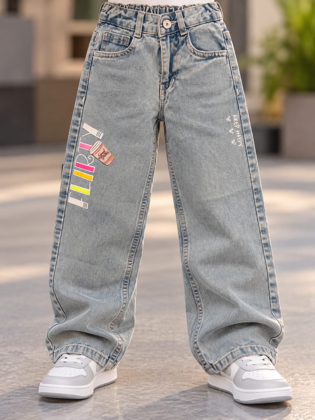 Girls Light Blue Baggy Wide Leg Jeans with Cute Graphic Print | Korean Streetwear Denim Pants | 6 Months–5 Years