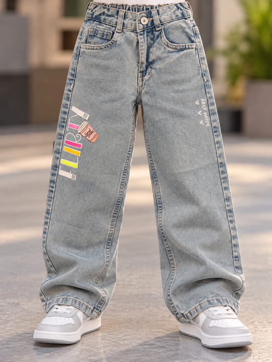 Girls Light Blue Baggy Wide Leg Jeans with Cute Graphic Print | Korean Streetwear Denim Pants | 6 Months–5 Years