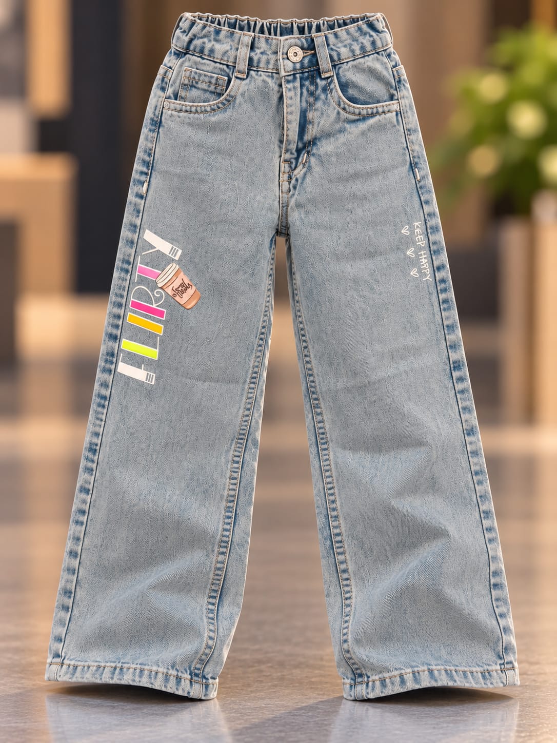 Girls Light Blue Baggy Wide Leg Jeans with Cute Graphic Print | Korean Streetwear Denim Pants | 6 Months–5 Years