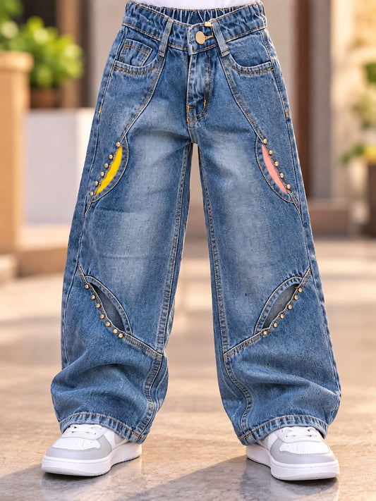 Girls Blue Baggy Wide Leg Jeans with Pearl Stud Detailing | Korean Streetwear Denim Pants | 3–8 Years