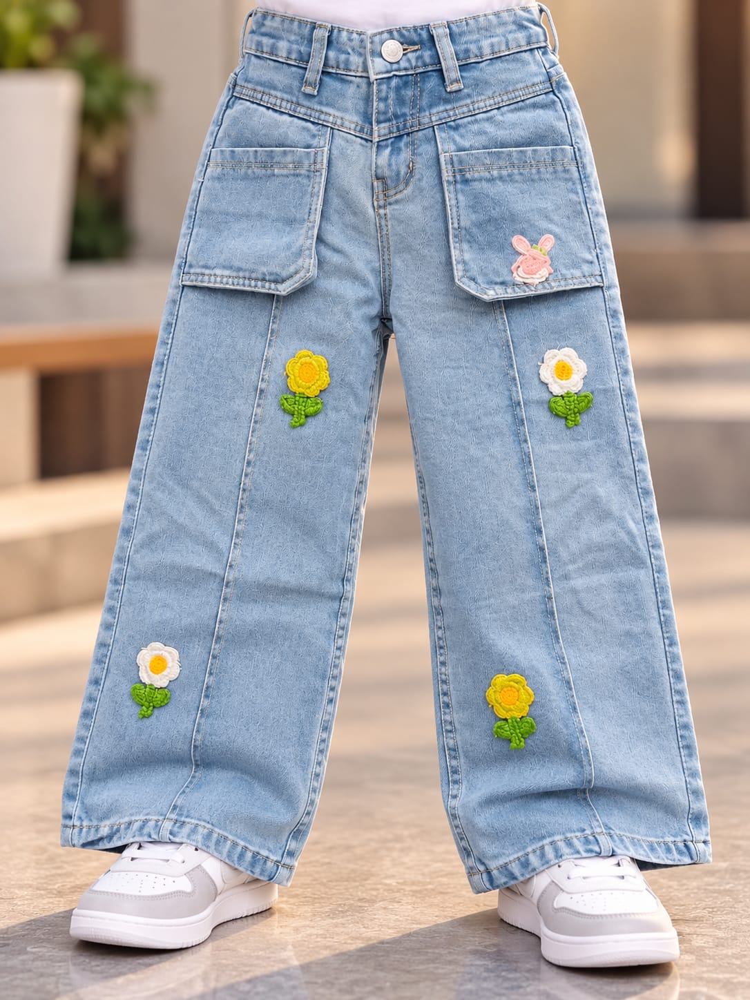 Girls Light Blue Floral Embroidered Baggy Wide Leg Jeans | Korean Streetwear Denim Pants | 5–11 Years