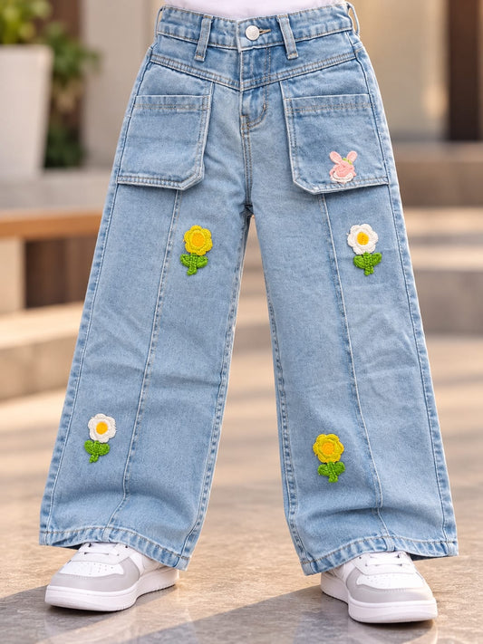 Girls Light Blue Floral Embroidered Baggy Wide Leg Jeans | Korean Streetwear Denim Pants | 5–11 Years