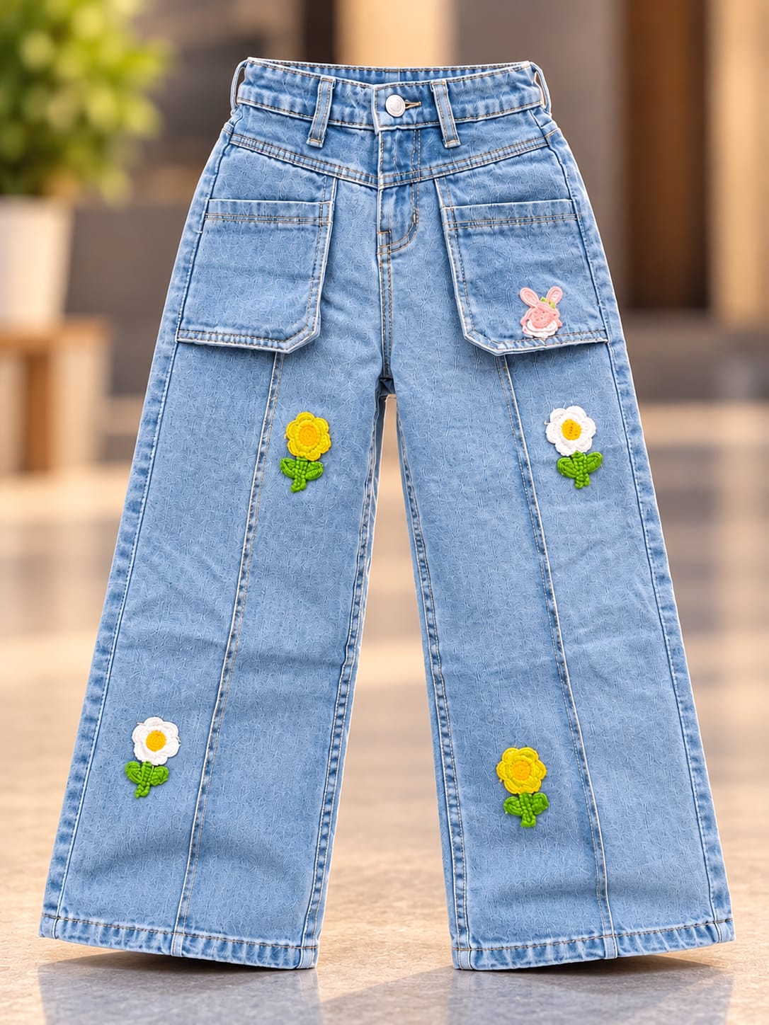 Girls Light Blue Floral Embroidered Baggy Wide Leg Jeans | Korean Streetwear Denim Pants | 5–11 Years