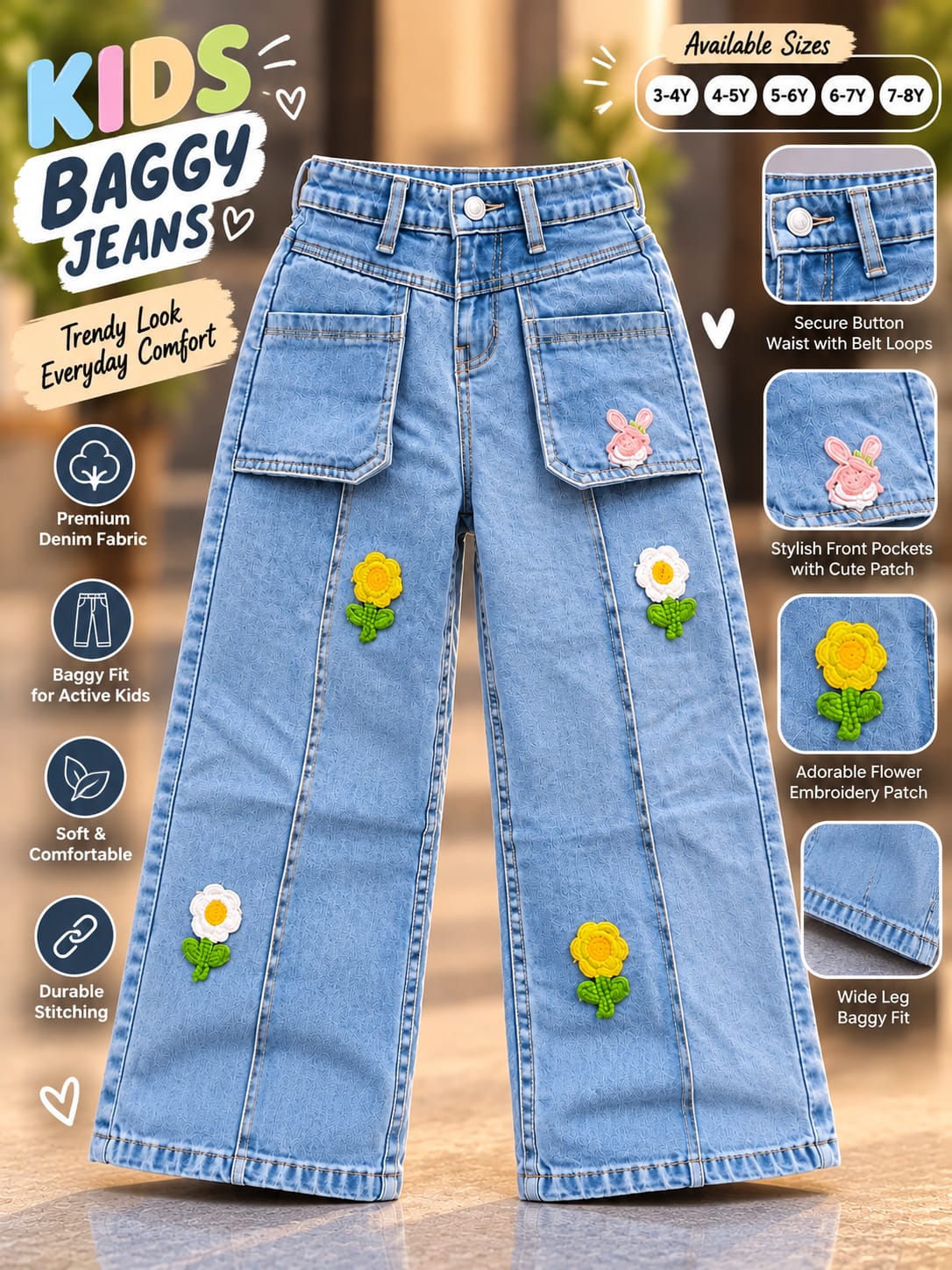 Girls Light Blue Floral Embroidered Baggy Wide Leg Jeans | Korean Streetwear Denim Pants | 5–11 Years
