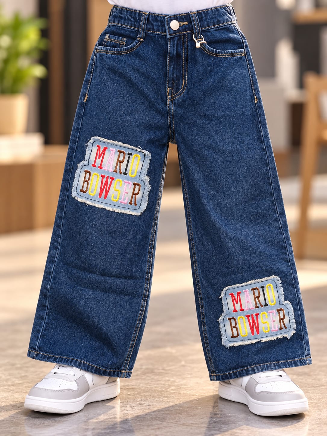 Girls Dark Blue Mario Bowser Baggy Jeans | Korean Streetwear Wide Leg Denim Pants | 3–8 Years