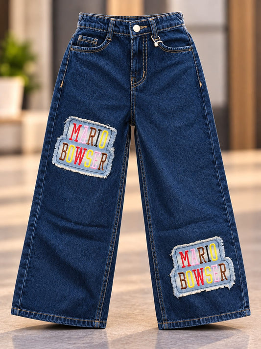Girls Dark Blue Mario Bowser Baggy Jeans | Korean Streetwear Wide Leg Denim Pants | 3–8 Years