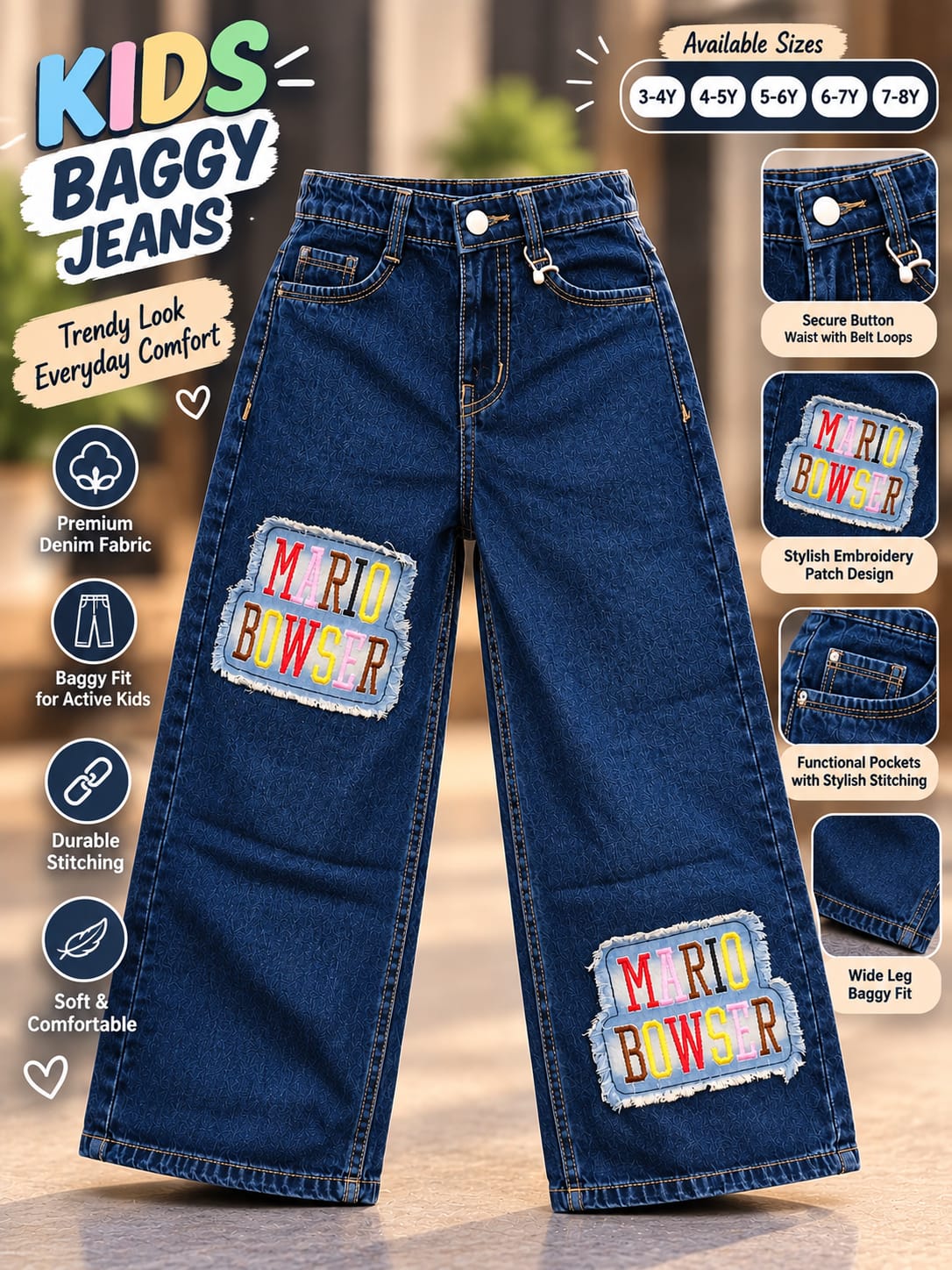 Girls Dark Blue Mario Bowser Baggy Jeans | Korean Streetwear Wide Leg Denim Pants | 3–8 Years
