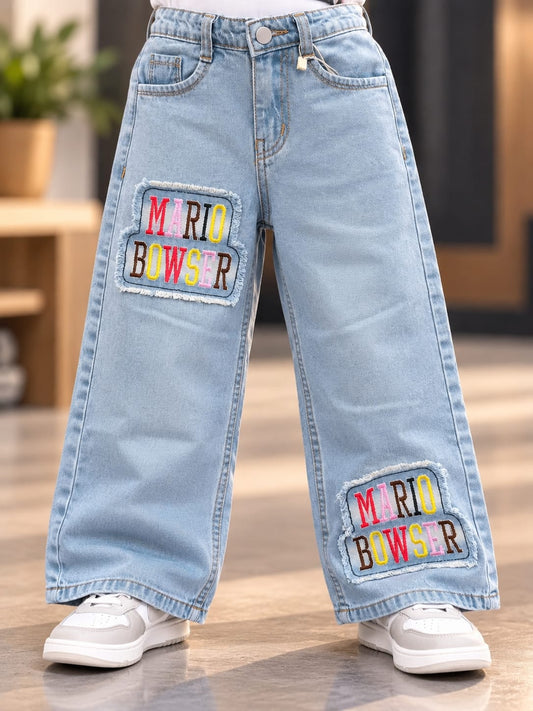 Girls Light Blue Mario Bowser Embroidered Baggy Jeans | Korean Streetwear Wide Leg Denim Pants | 3–8 Years