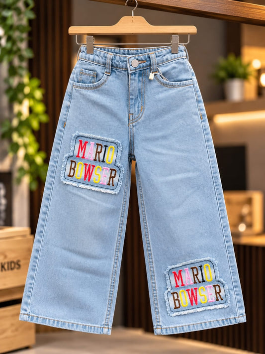 Girls Light Blue Mario Bowser Embroidered Baggy Jeans | Korean Streetwear Wide Leg Denim Pants | 3–8 Years
