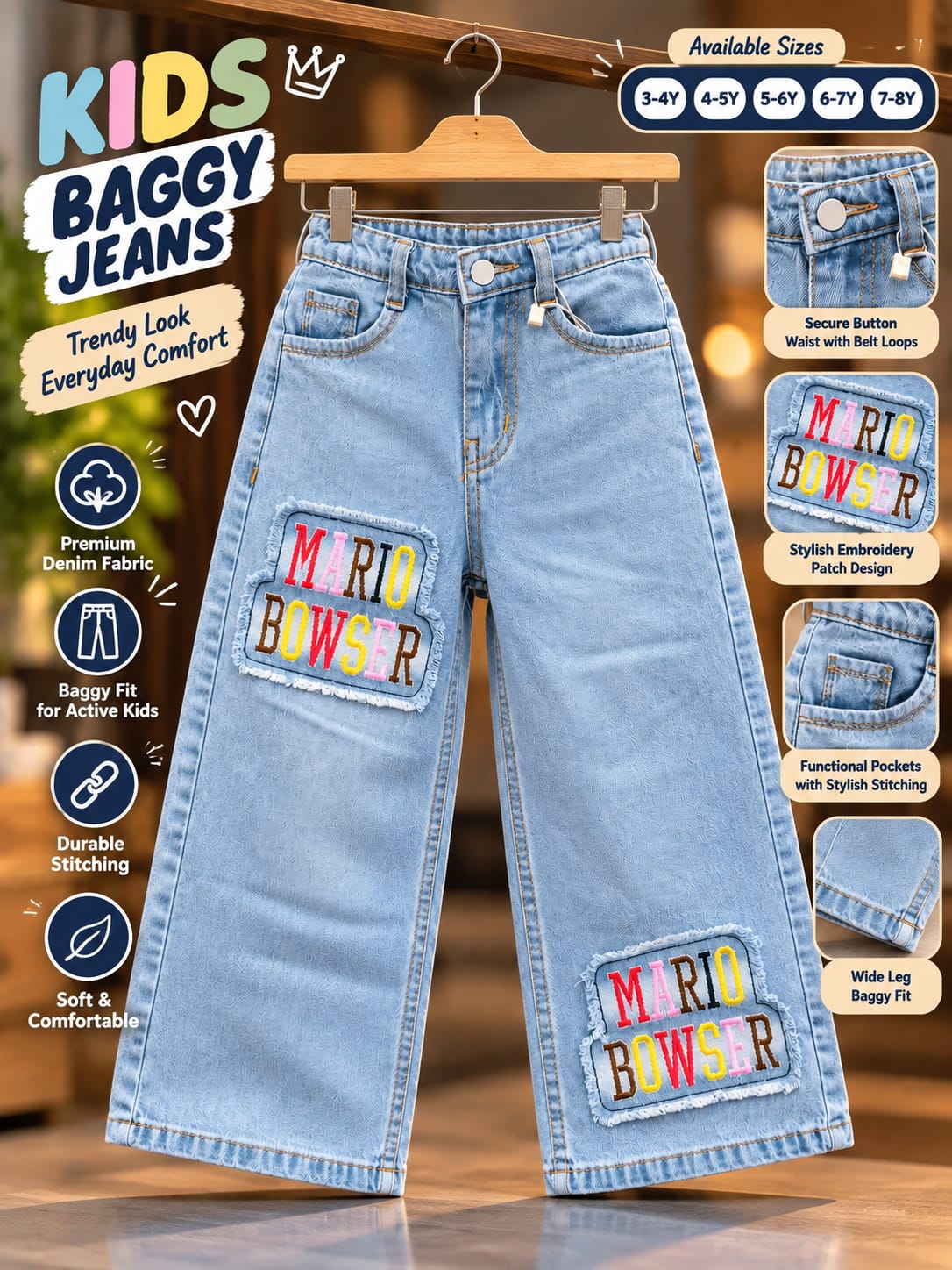 Girls Light Blue Mario Bowser Embroidered Baggy Jeans | Korean Streetwear Wide Leg Denim Pants | 3–8 Years